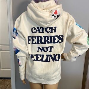 NWOT BRO denim Hoodie with Catch Ferries Not Feelings Print  RARE